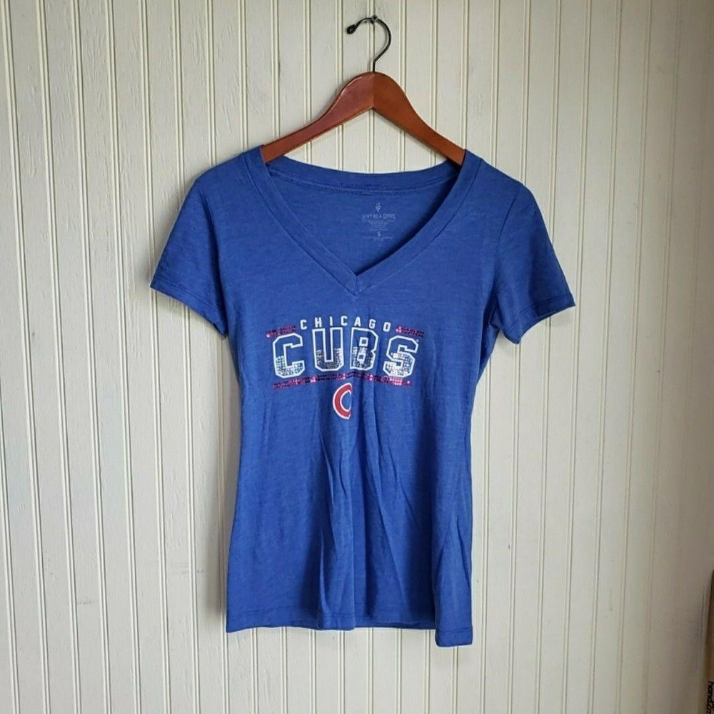 Chicago Cubs Shirt Womens Small Blue MLB Baseball Sequin Tee Soft As A Grape